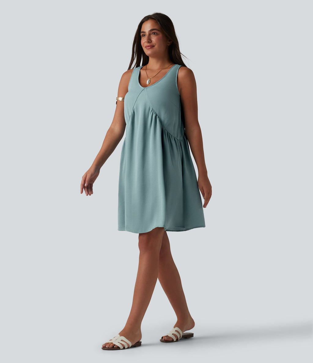 Robe mini sans manches col V avec soutien-gorge intégré, effet lin
