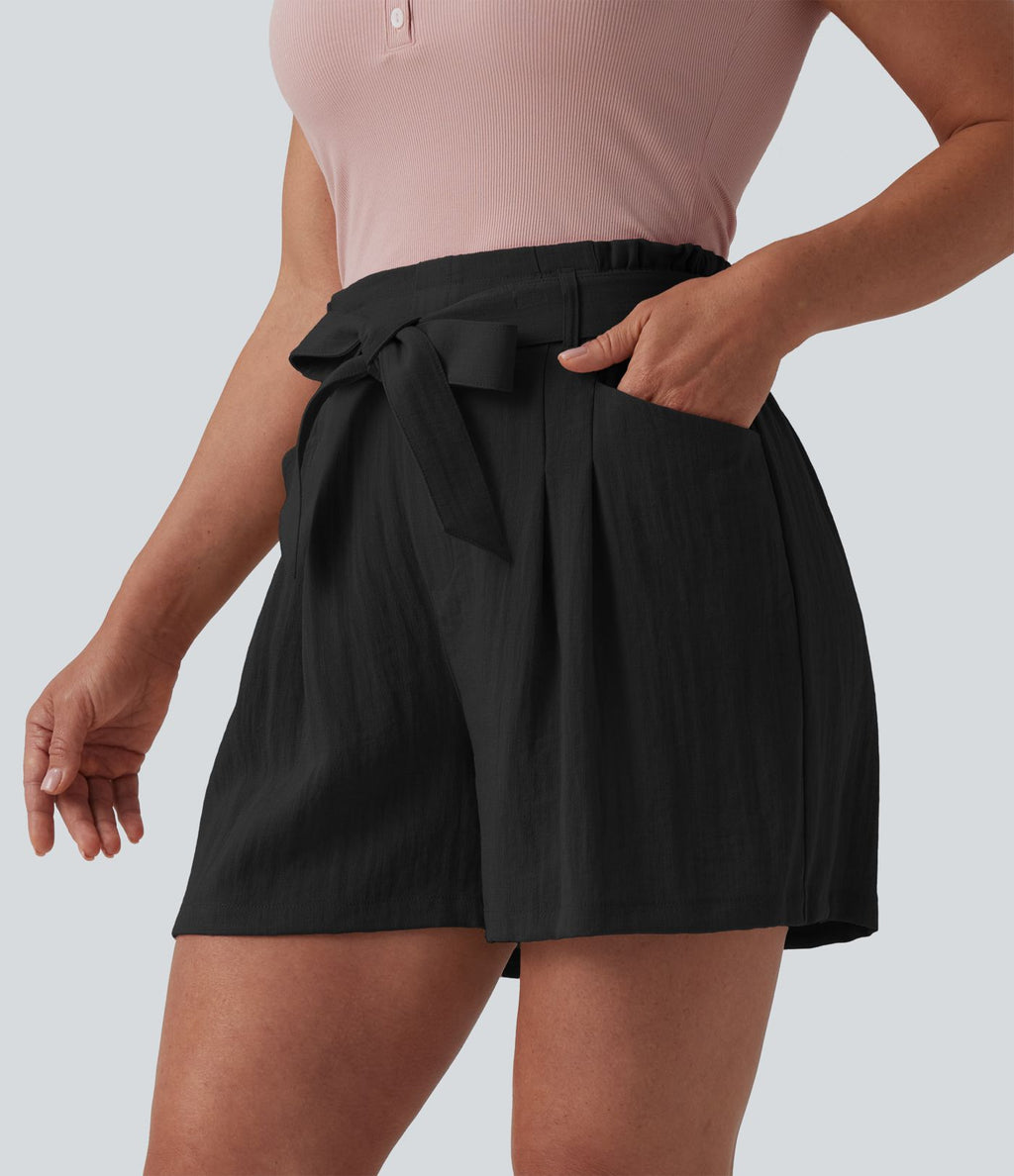 Short décontracté taille haute avec nœud devant aspect lin avec poches
