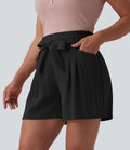 Short décontracté taille haute avec nœud devant aspect lin avec poches