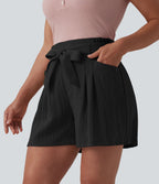 Short décontracté taille haute avec nœud devant aspect lin avec poches