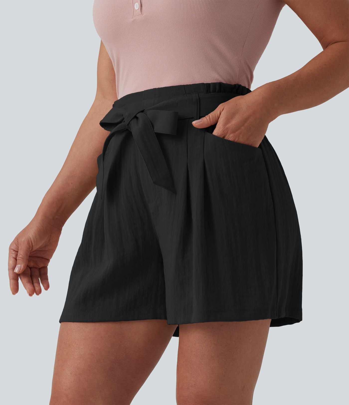Short décontracté taille haute avec nœud devant aspect lin avec poches