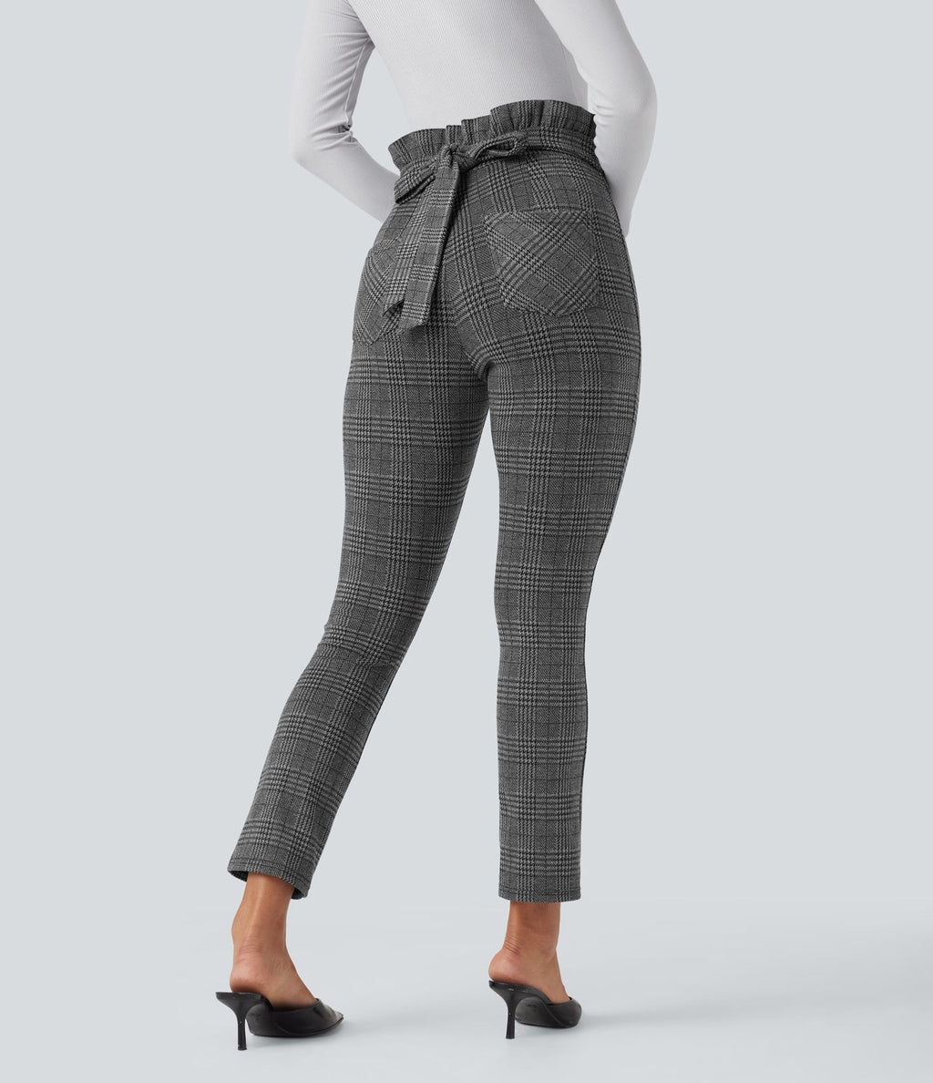 Pantalon tailleur skinny Halara Flex™ paper bag pied-de-poule carreaux taille haute à nœud avec poches