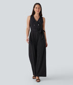Combinaison tailleur sans manches à col V, ceinturée, avec zip invisible, rayures et effet frais avec poches, accès facile Easy Peasy