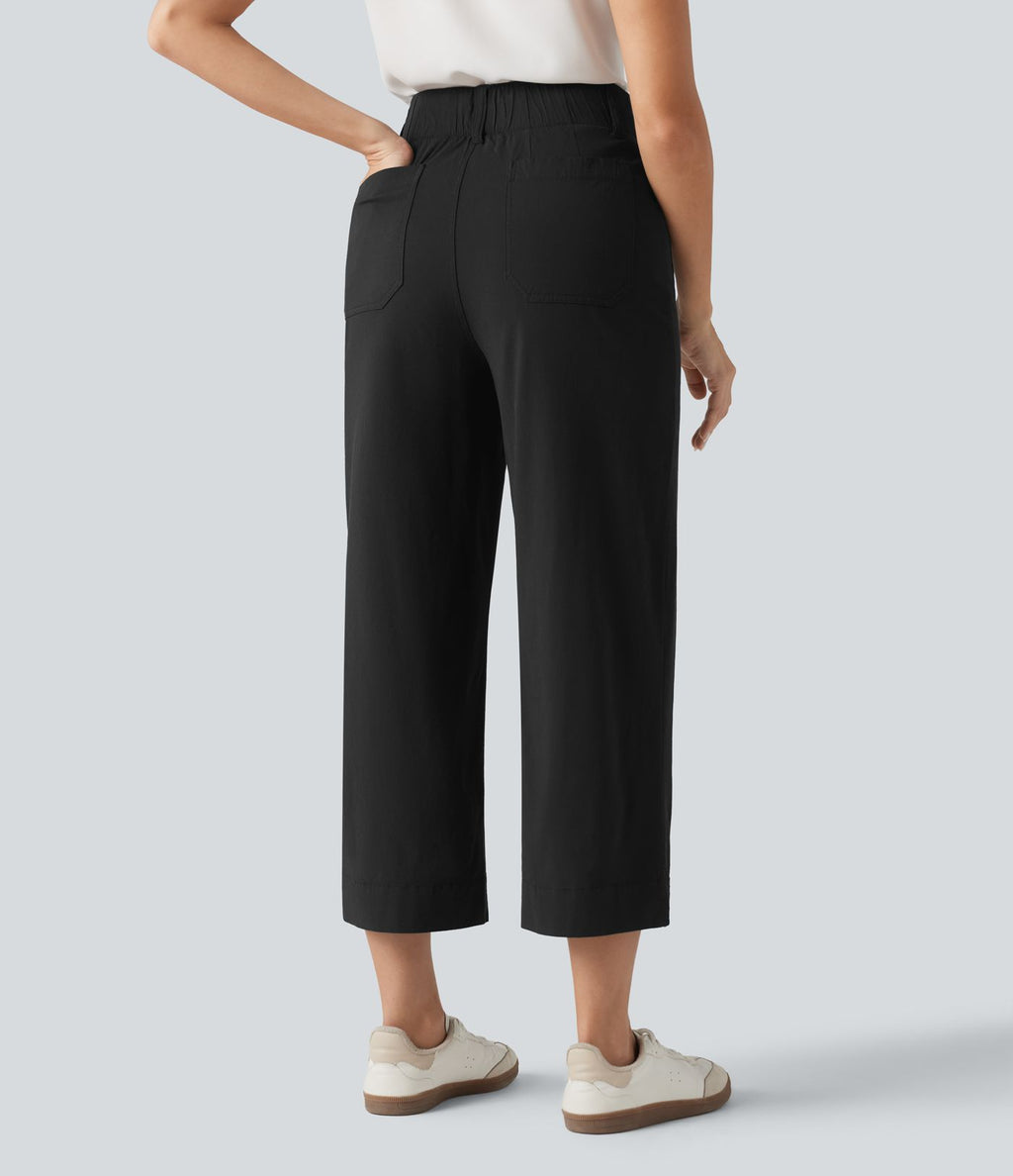 Pantalon large fluide court décontracté taille haute en lin stretch avec poches