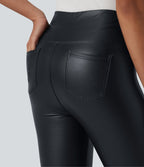 Legging casual 7/8 taille haute ventre plat en similicuir extensible, avec poches