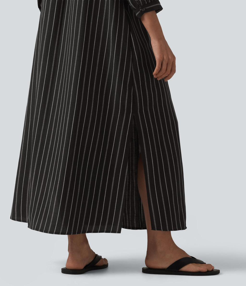 Robe midi casual à rayures aspect lin col V avec nœud, manches 3/4 fendues et poches