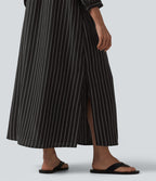 Robe midi casual à rayures aspect lin col V avec nœud, manches 3/4 fendues et poches