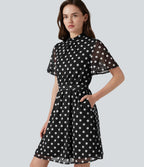 Robe décontractée col cheminée à pois en mesh avec manches à volants, ceinture et poches