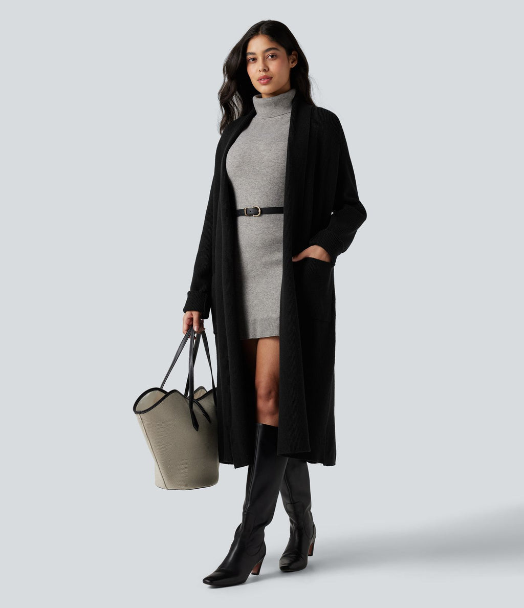 Cardigan long tailleur manches longues avec poches
