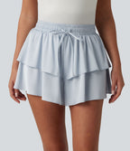 Short décontracté en satin à taille mi-haute, cordon de serrage et ourlet à volants superposés