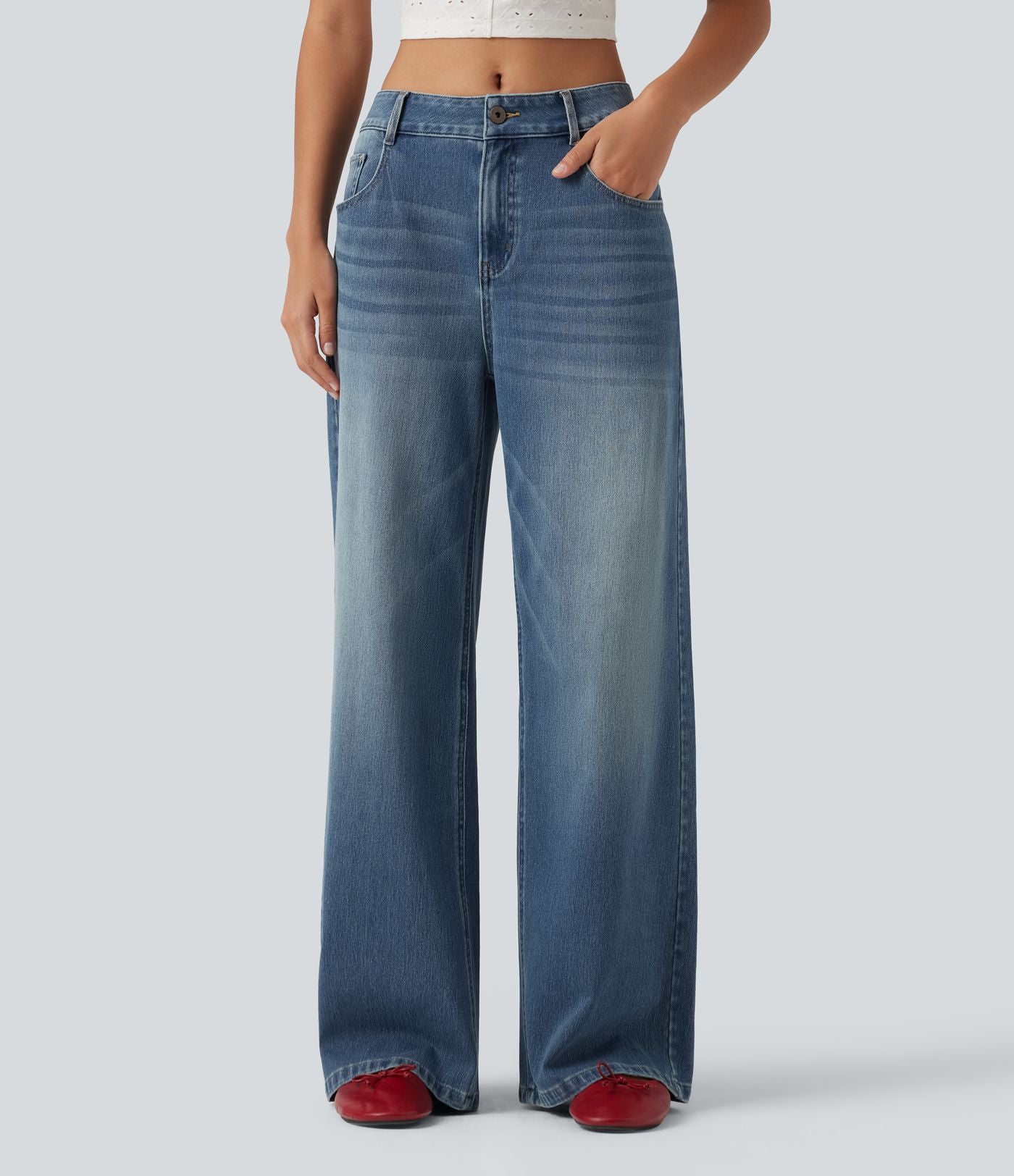 Jean Halara Flex™ mi-taille large ample délavé décontracté avec poches