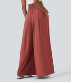 Breezeful™ Pantalon Large Fluide Taille Haute Plis Poches Latérales et Taille Élastique Séchage Rapide