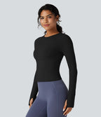 Top de sport yoga polaire col rond manches longues avec trous pouces