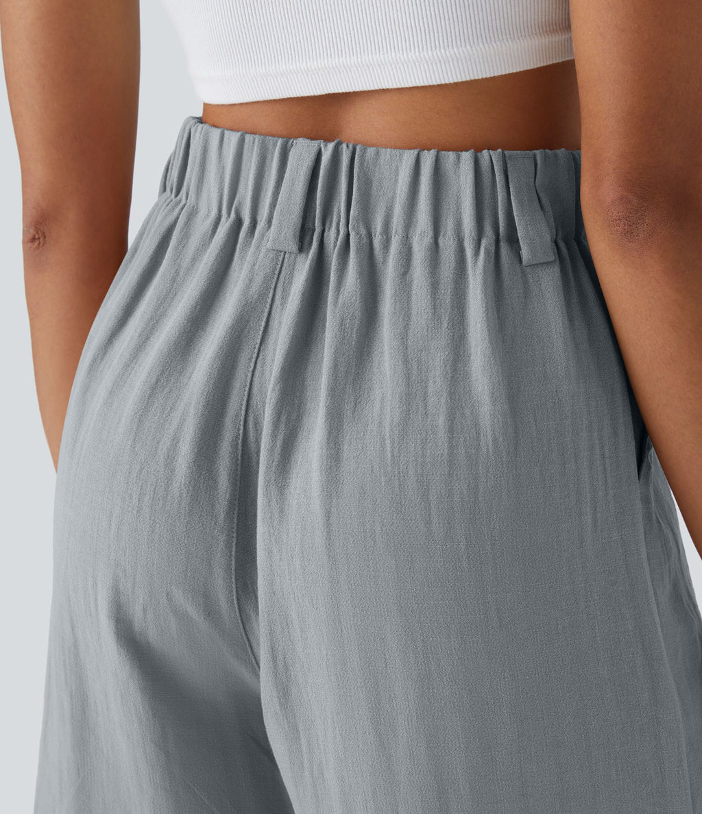 Bermuda Large Fluide Taille Haute avec Plis et Poches Latérales en Lin Synthétique