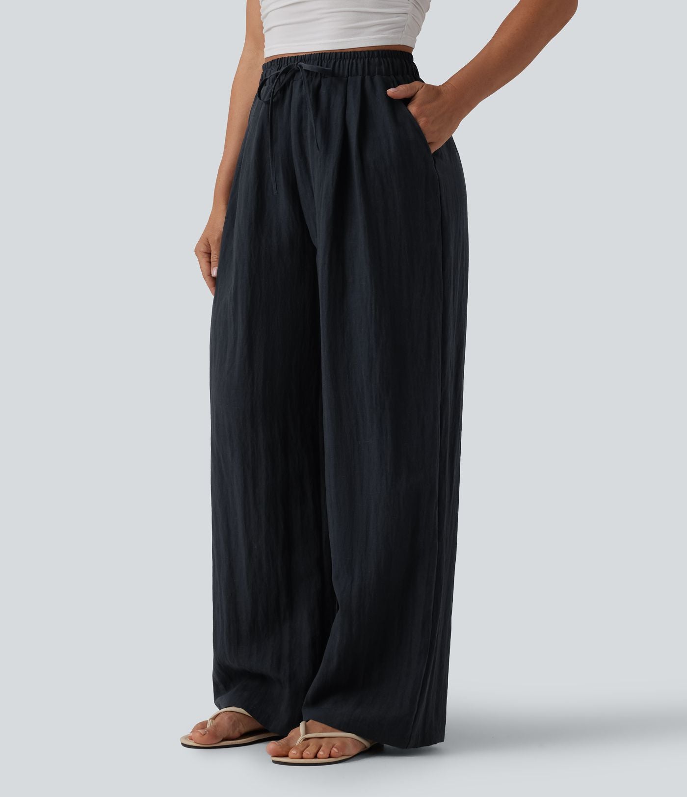 Pantalon casual ample lin taille haute à cordon de serrage avec poches