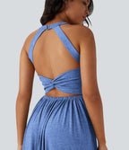 Robe longue fluide fendue avec poches latérales, dos nu et effet torsadé