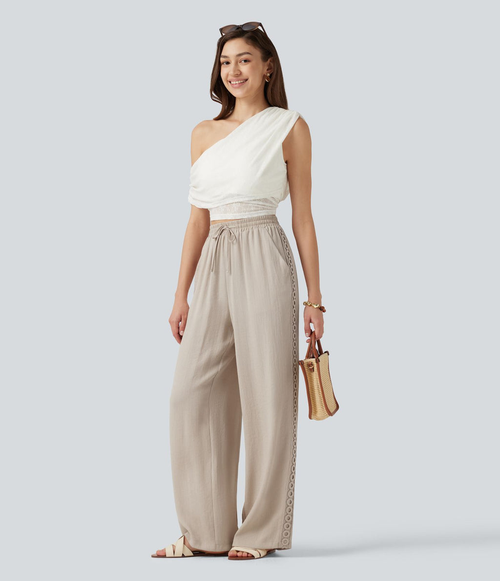 Pantalon décontracté taille haute à cordon de serrage, effet lin, avec poches