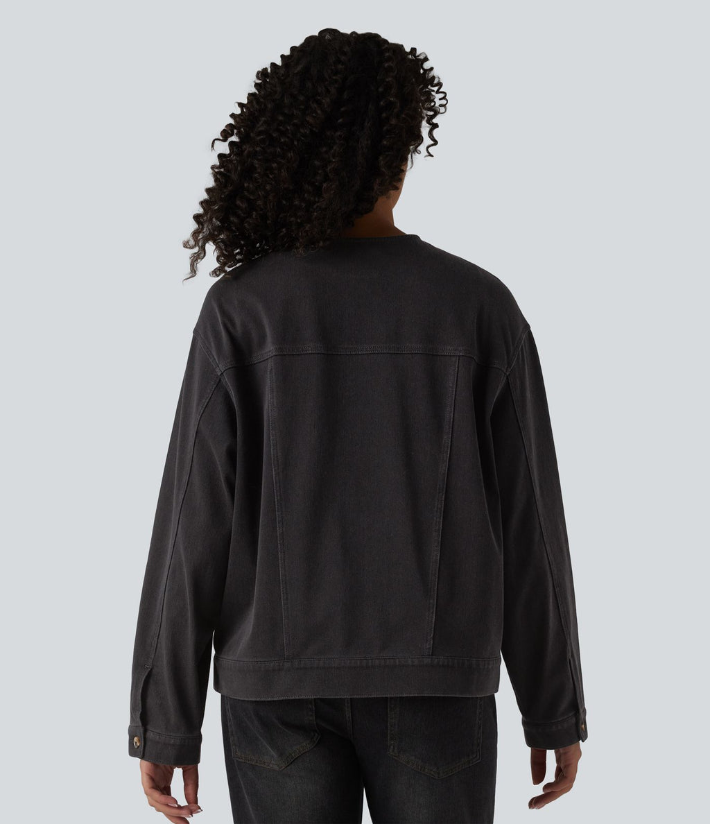 Halara Flex™ Veste décontractée en jean col rond manches longues avec poches