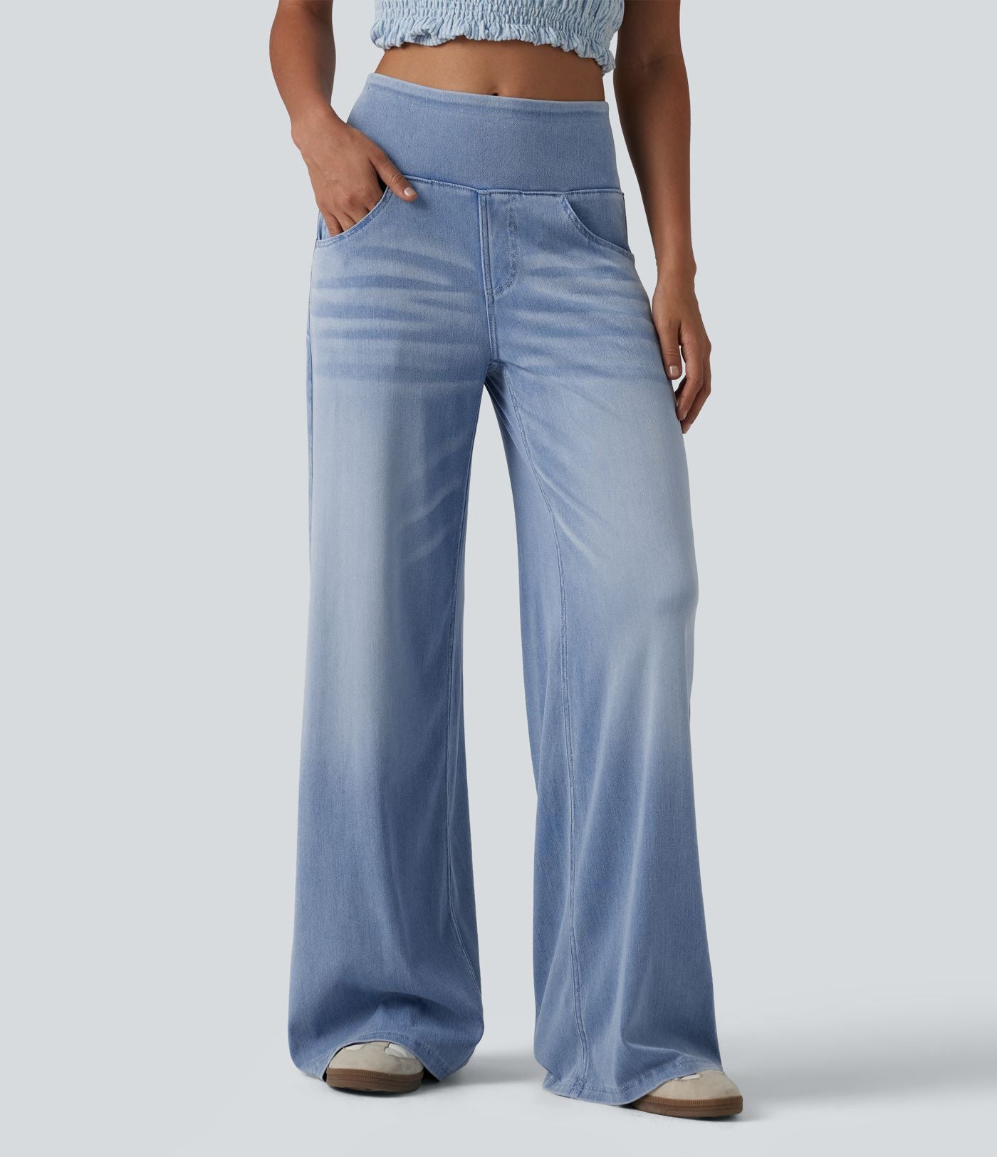Halara Flex™ Jean large casual baggy taille mi-haute en lyocell drapé effet délavé, avec poches