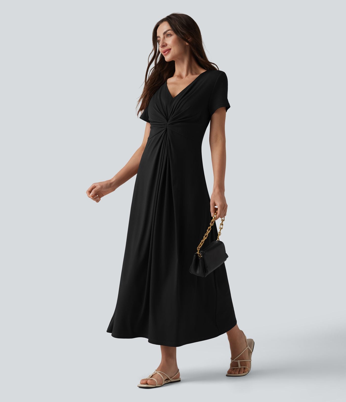 Robe décontractée midi col V manches courtes
