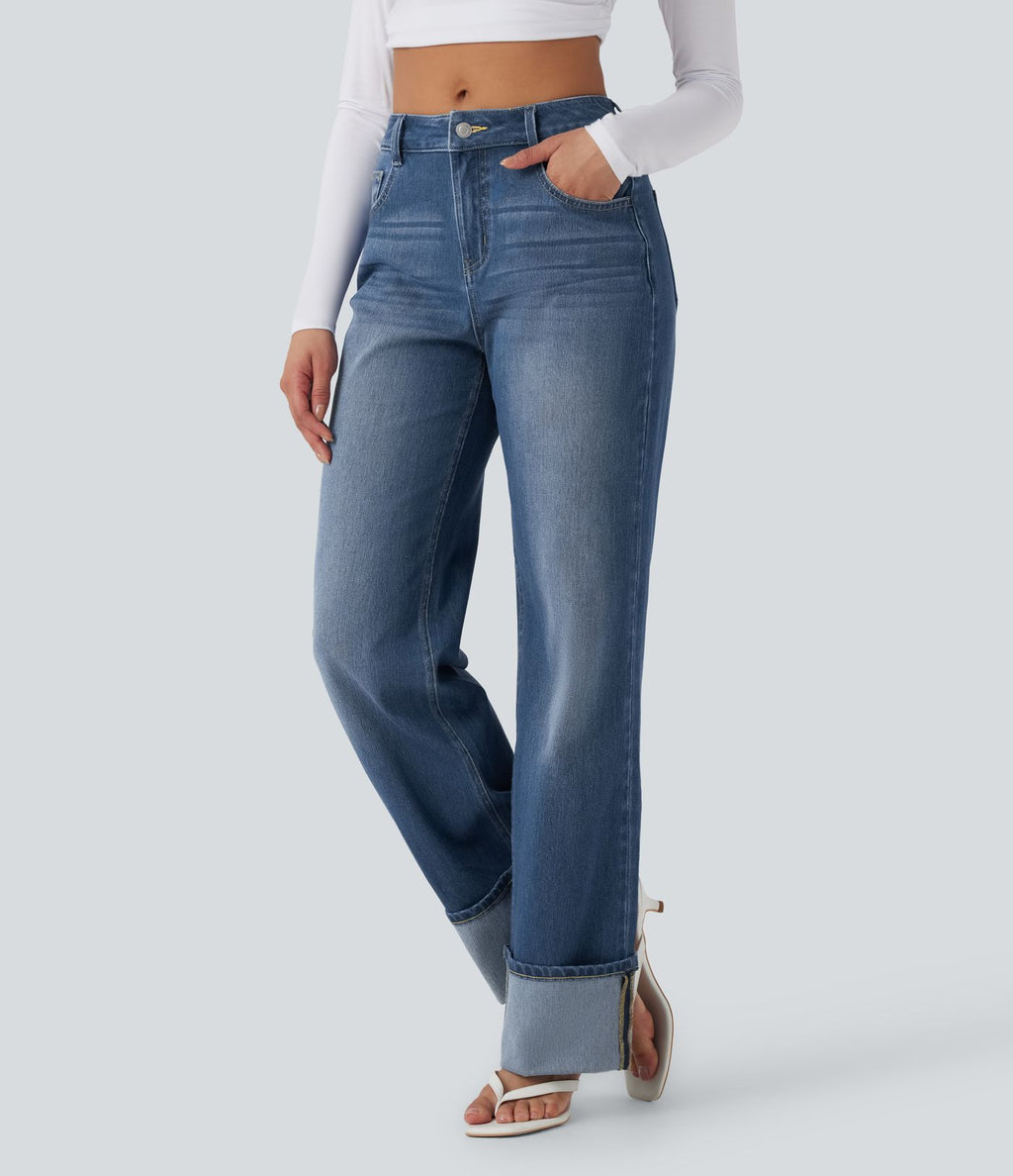 Jean décontracté Halara Flex™ jambe droite taille mi-haute ourlet retroussé avec poches