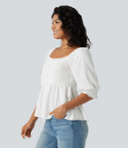 Blouse casual babydoll col carré à manches bouffantes mi-longues et détails froncés