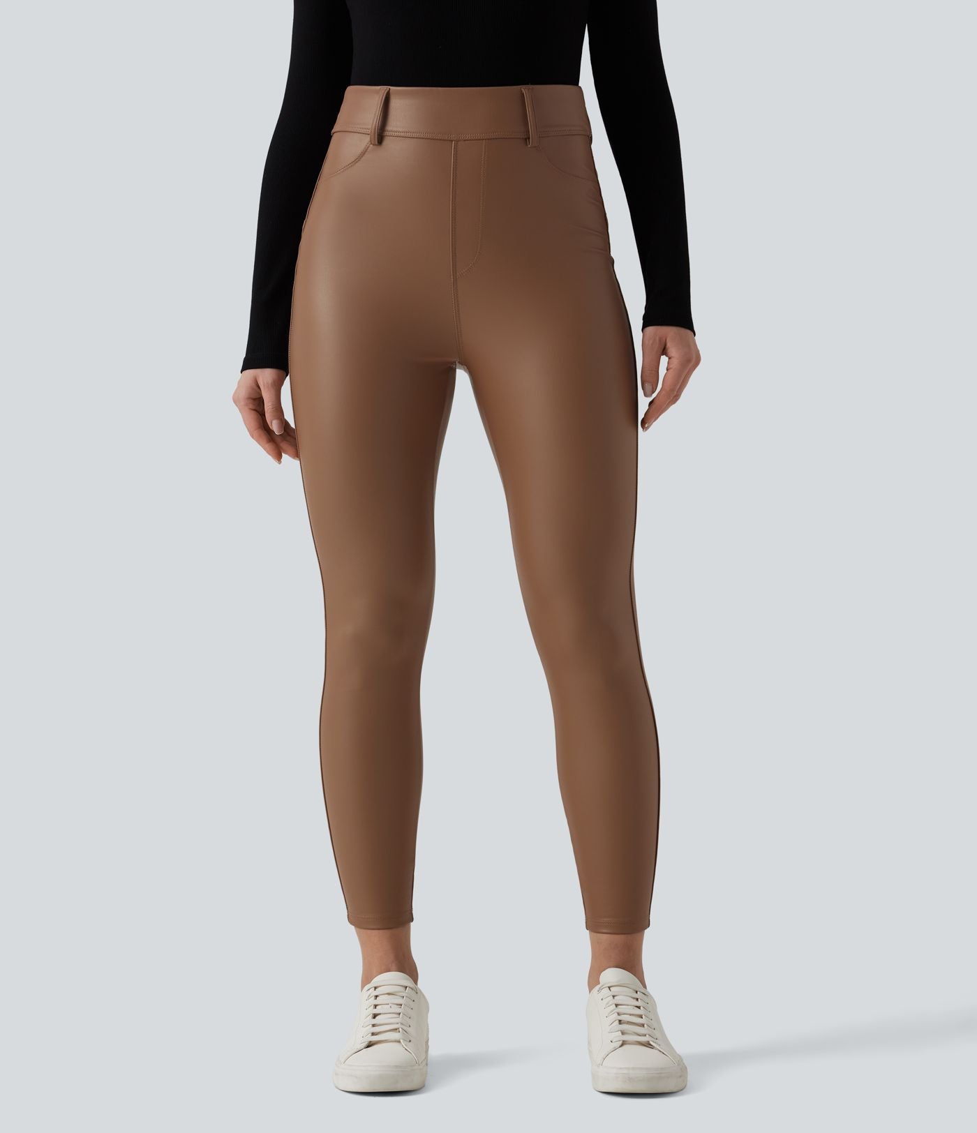 Pantalon polaire simili cuir extensible taille haute avec poches
