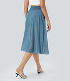 Jupe Casual Évasée Mesh Mi-Longue Fuide 2 en 1 Contrastée Taille Haute Cordon Poche Latérale