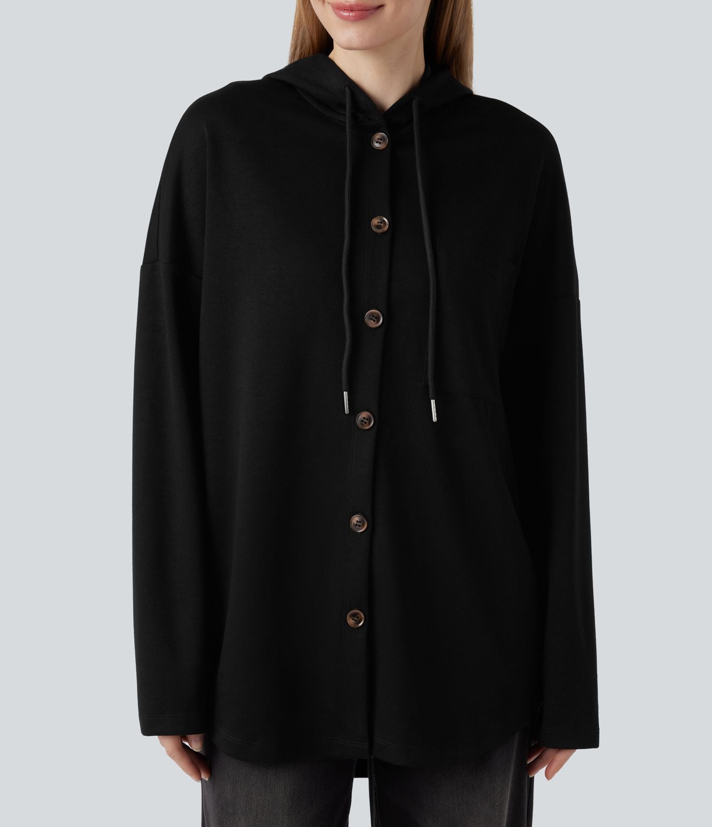 Sweat-shirt à capuche avec cordon de serrage à manches longues et ourlet arrondi avec poche