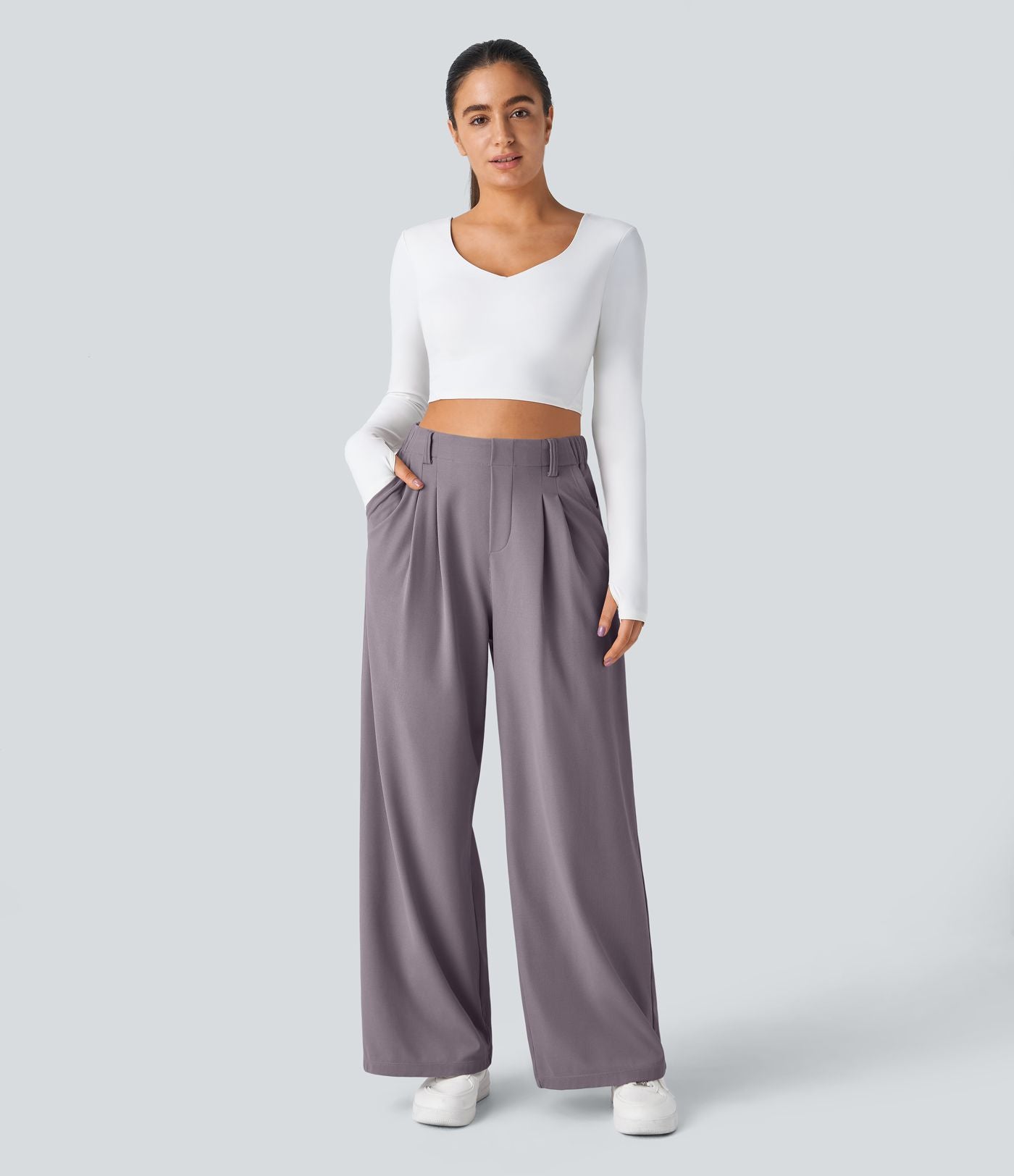 Halara Flex™ Pantalon Tailleur Large Fluide Gaufré Taille Haute Poches Latérales