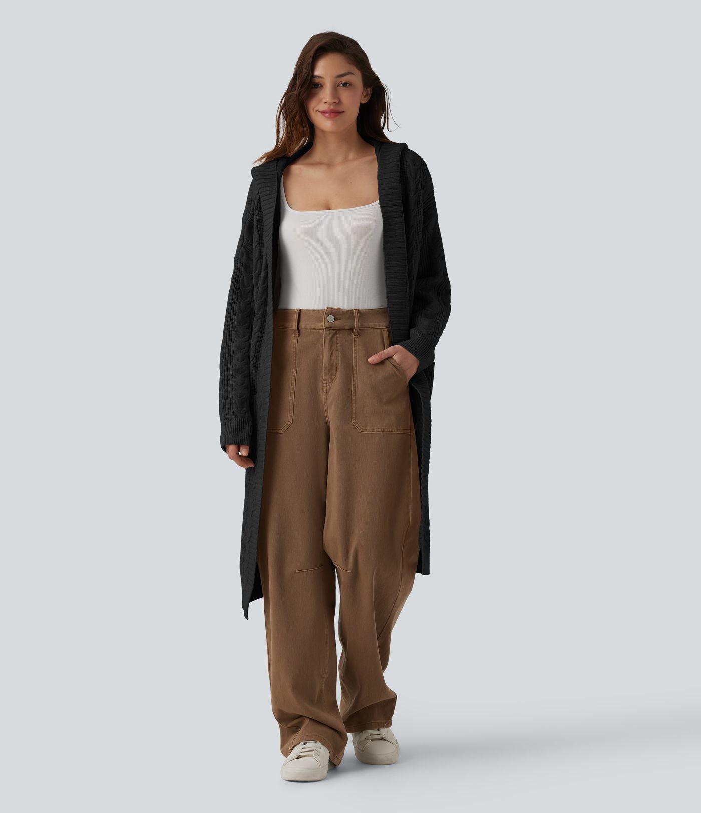 Gilet long casual à capuche manches longues avec poches