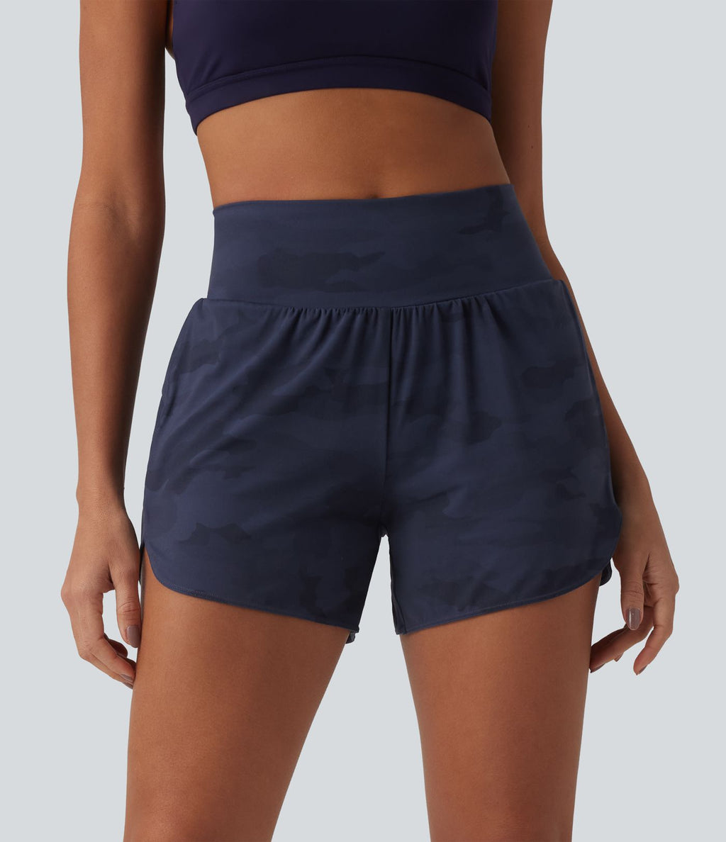Short de running 2 en 1 Halara UltraSculpt™ gainant imprimé camouflage, taille haute, ourlet incurvé, 10 cm, avec poche
