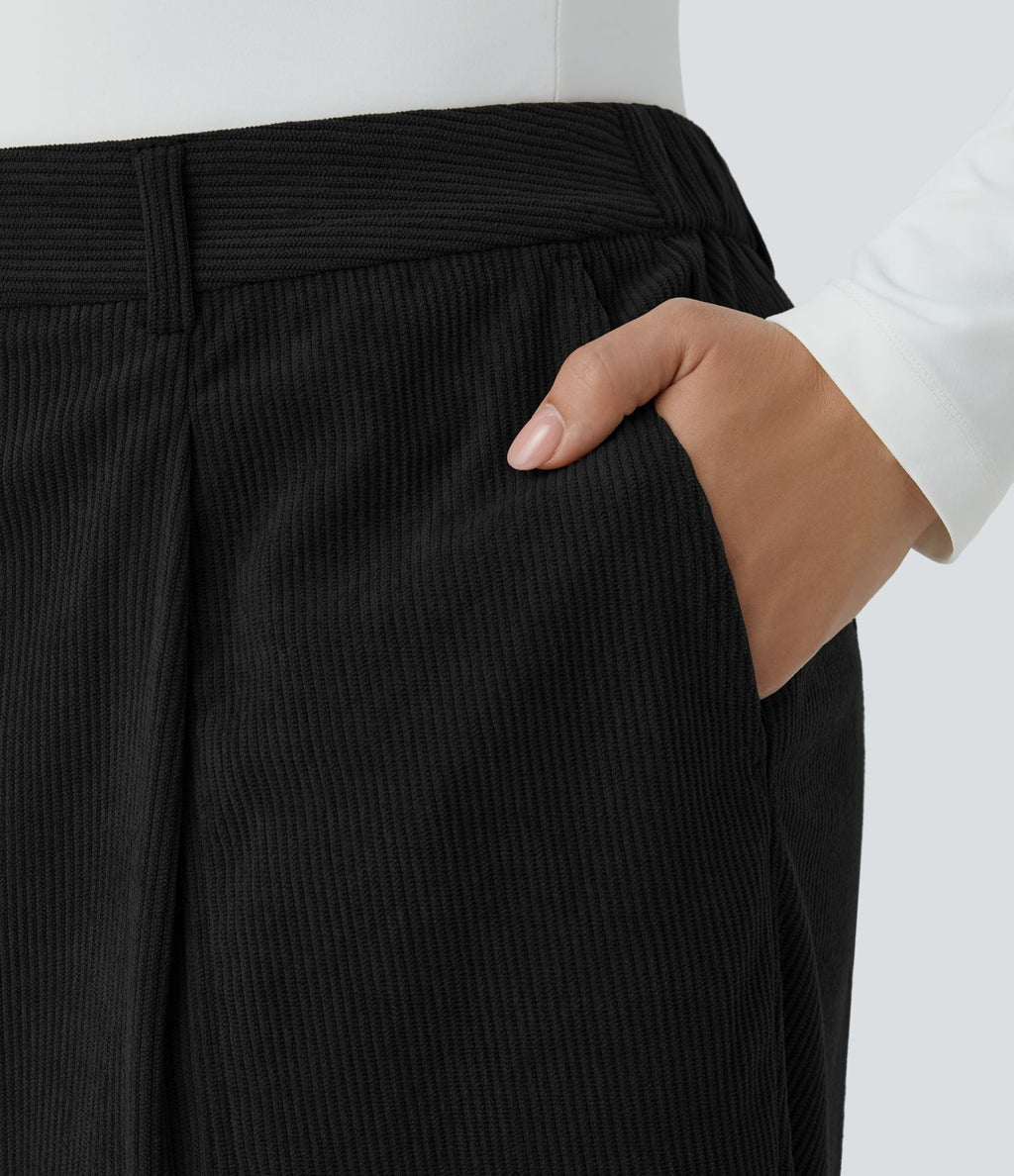 Pantalon décontracté en velours côtelé taille mi-haute grande taille avec bouton, fermeture éclair et poches multiples