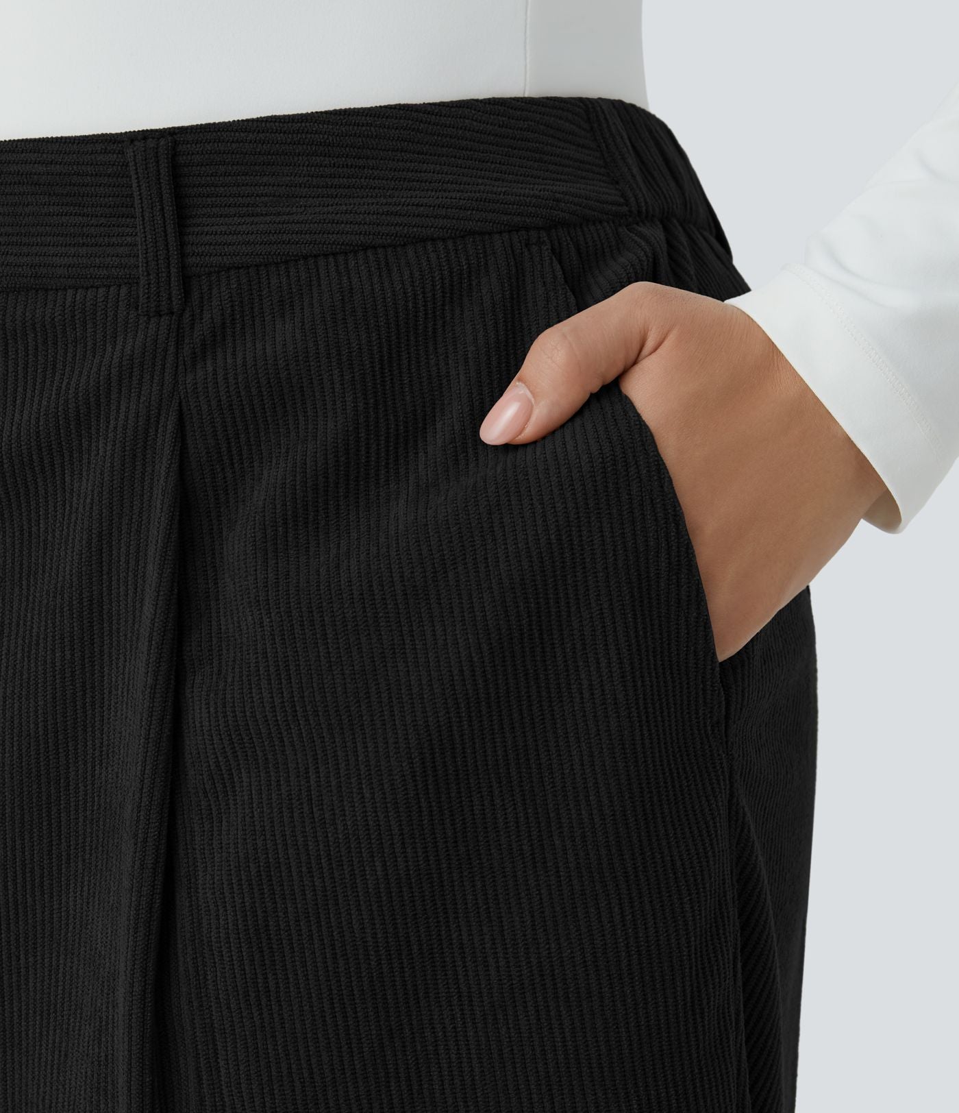 Pantalon décontracté en velours côtelé taille mi-haute grande taille avec bouton, fermeture éclair et poches multiples