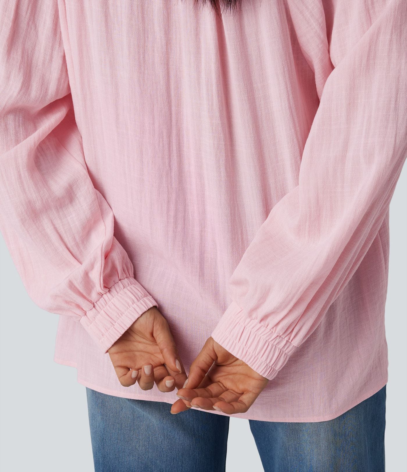 Blouse casual oversize aspect lin à épaules dénudées, lien noué et manches longues