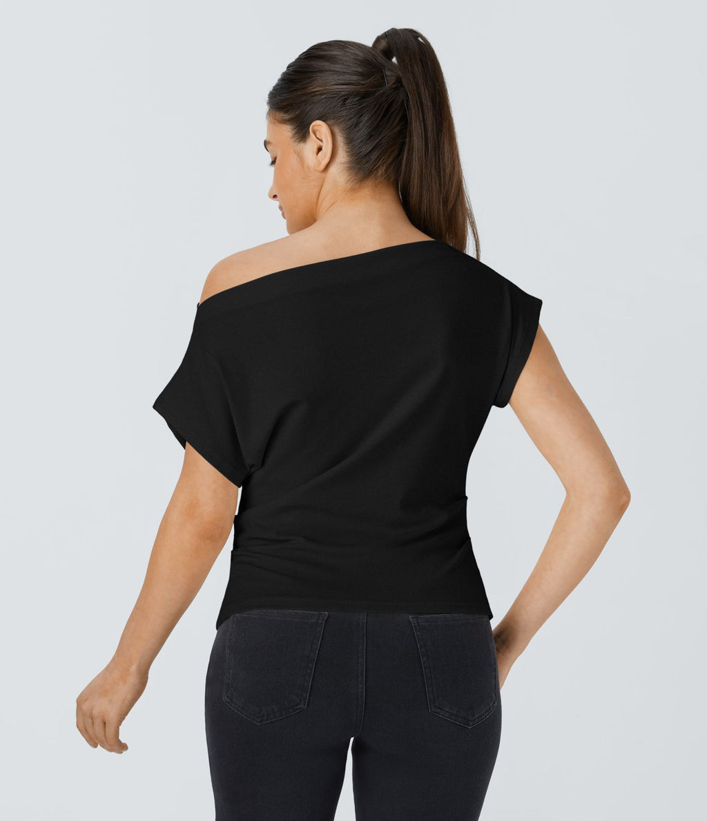Top Casual Épaules Dénudées Manches Courtes Ruchées