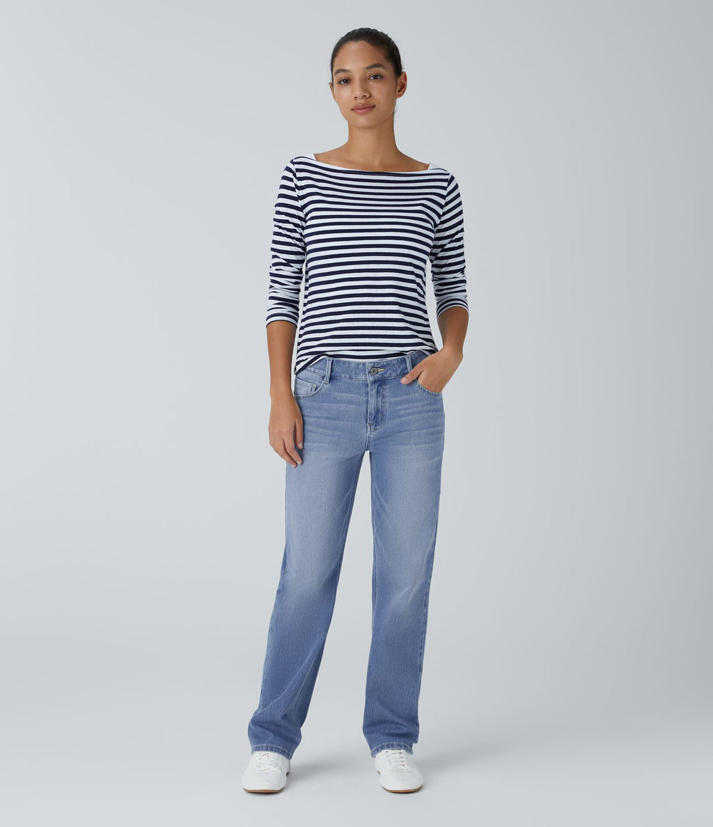 Jean décontracté Halara Flex™ taille basse à jambes droites avec bouton, fermeture éclair, multiples poches, effet délavé en maille extensible