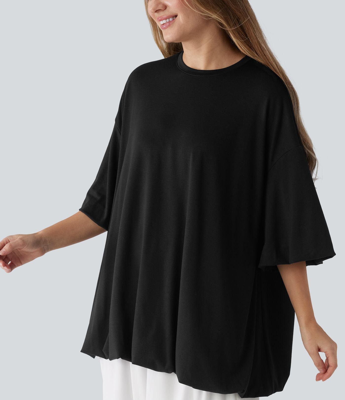 Top casual oversize col rond à manches mi-longues et ourlet boule