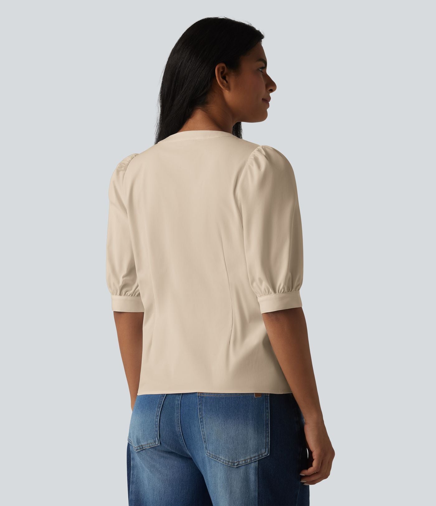 Blouse décontractée col Henley manches bouffantes mi-longues