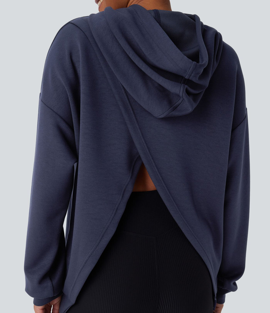 Sweat-shirt décontracté à capuche avec cordon de serrage, manches longues, poche kangourou, coupe croisée et fente