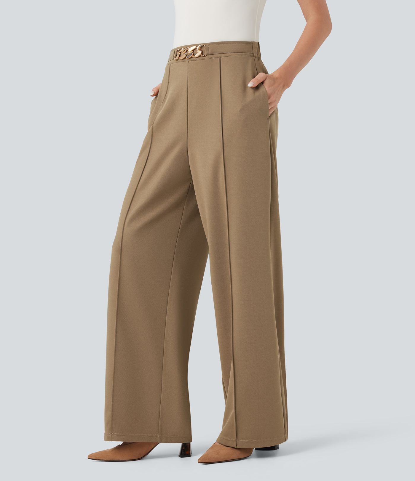 Pantalon de travail coupe droite taille haute avec chaîne métallique avec poches