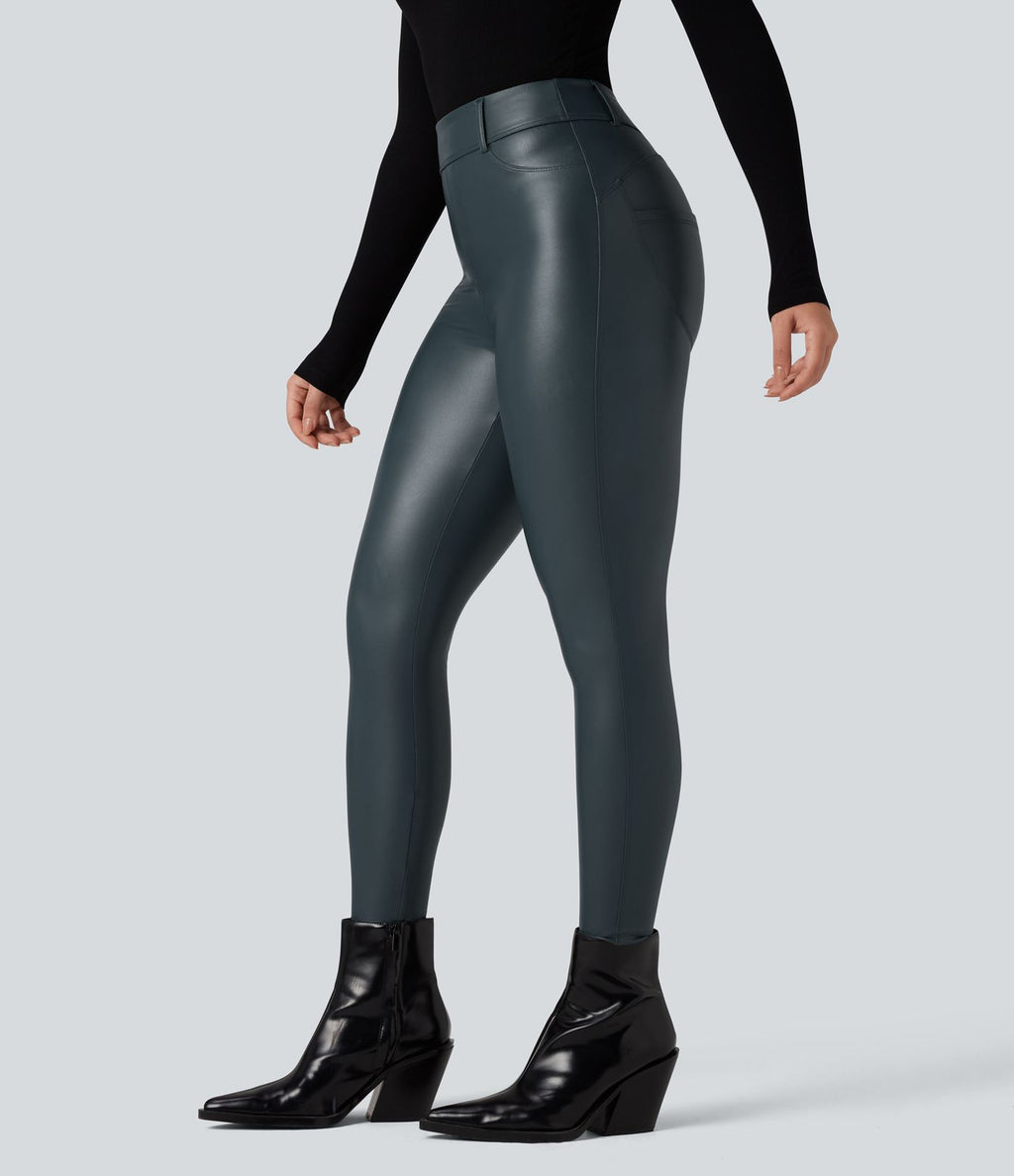 Pantalon polaire simili cuir extensible taille haute avec poches