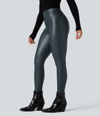 Pantalon polaire simili cuir extensible taille haute avec poches