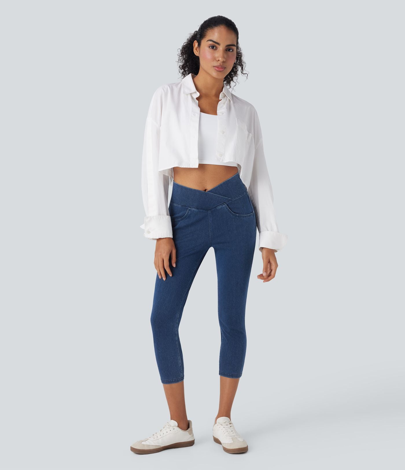 Legging capri décontracté Halara Flex™ croisé taille haute en maille denim extensible avec poches