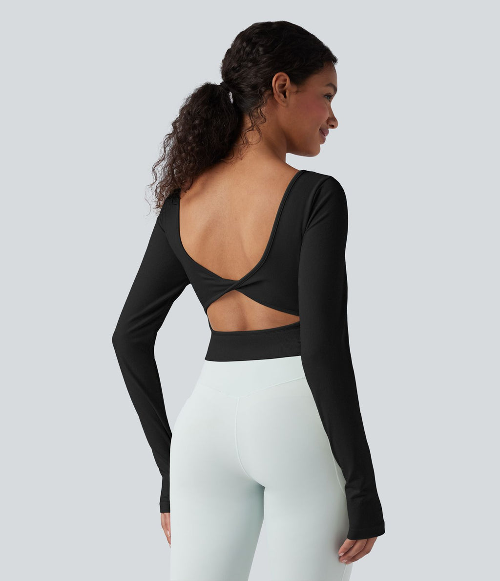 Haut de sport de yoga court Seamless Flow dos nu torsadé encolure dégagée manches longues avec passants pouces
