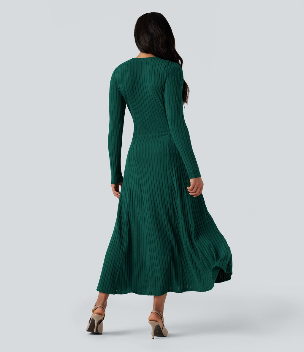 Robe longue fluide maille côtelée col henley manches longues