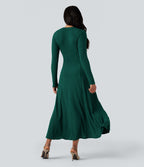 Robe longue fluide maille côtelée col henley manches longues