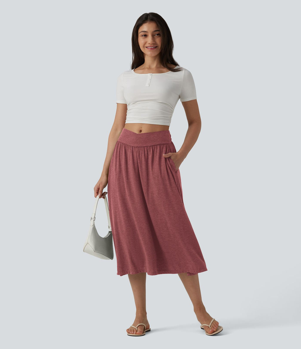 Jupe midi casual fluide croisée taille haute avec poches