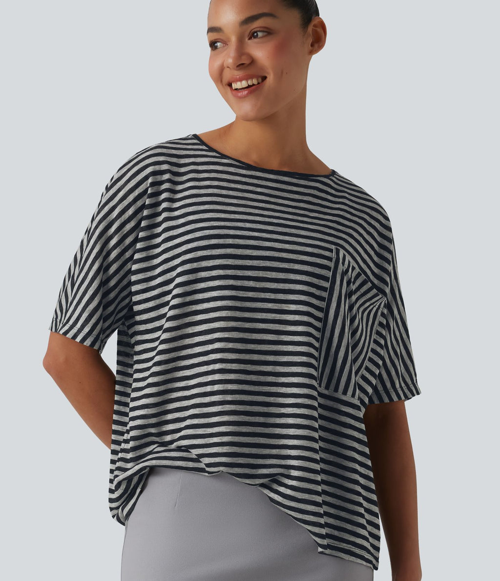T-shirt col rond manches chauve-souris à rayures en lyocell avec poche poitrine