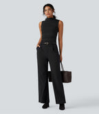 Top tailleur froncé col montant sans manches